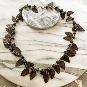 Vintage‎ Copper Dangle Leaf Necklace | Handpainted Flame Design | Beaded Chain